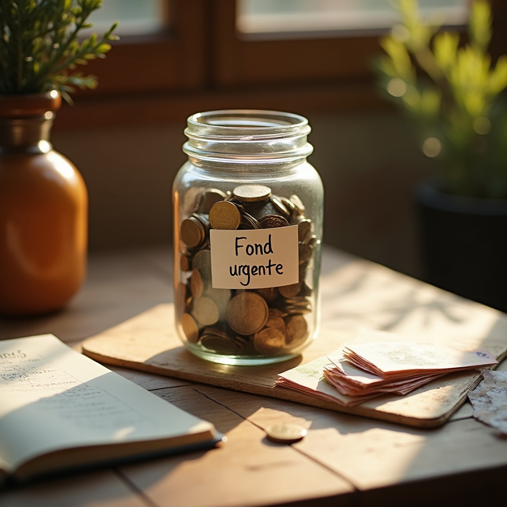 Glass jar partially filled with Romanian leu coins on a wooden desk, representing the start of a small emergency savings fund